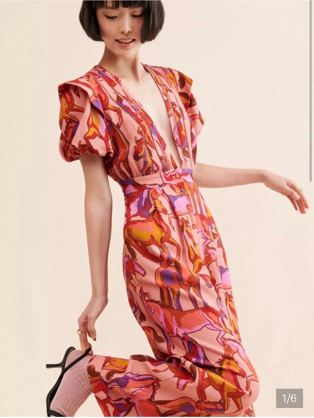 Farm Rio NWT Pink Horse Abstract Print V-Neck Puff Sleeve Jumpsuit Wide-Leg